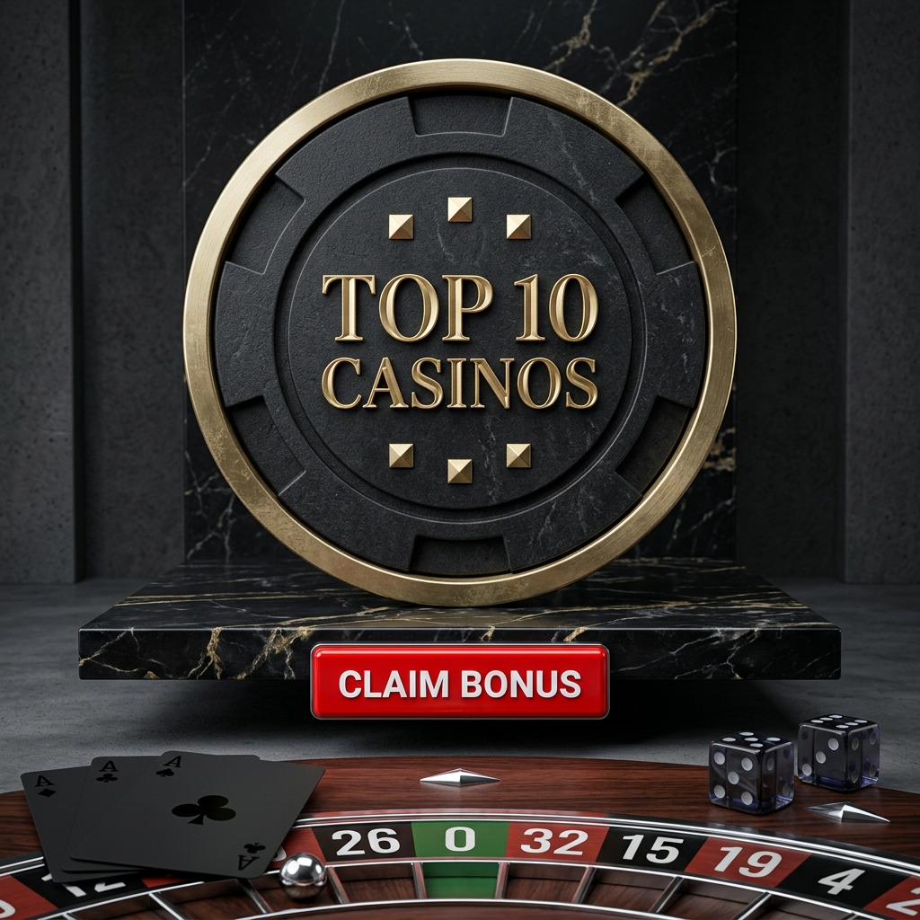 Ice On Storm: a Top 10 Casinos chip on a marble plinth with a Claim Bonus sign, roulette wheel, cards and dice.